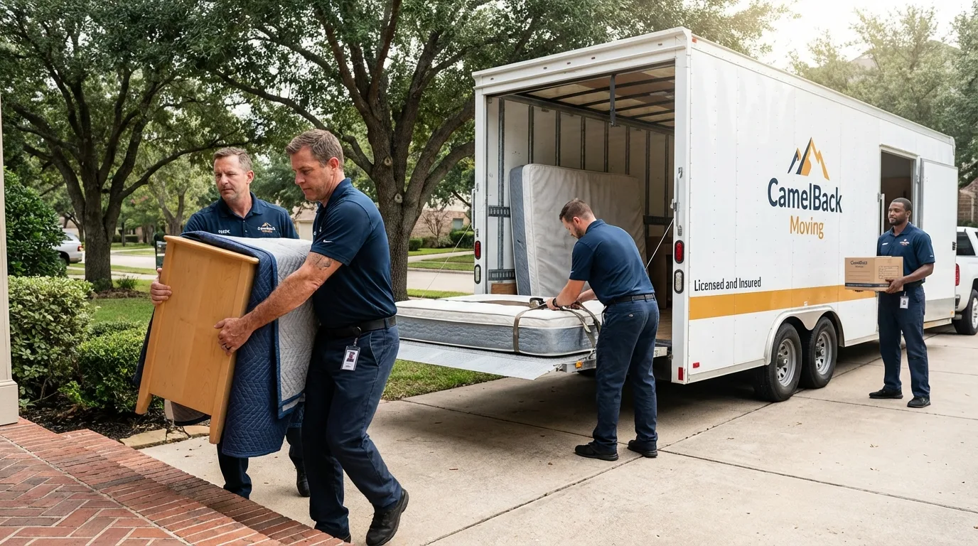 Crew loading residential truck for cross-state move from San Anselmo, CA