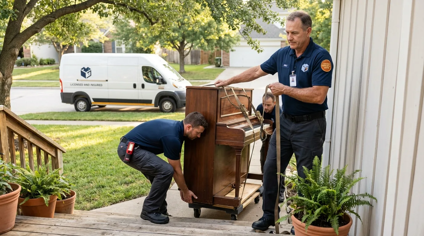 Licensed piano movers securing grand piano in San Anselmo, CA