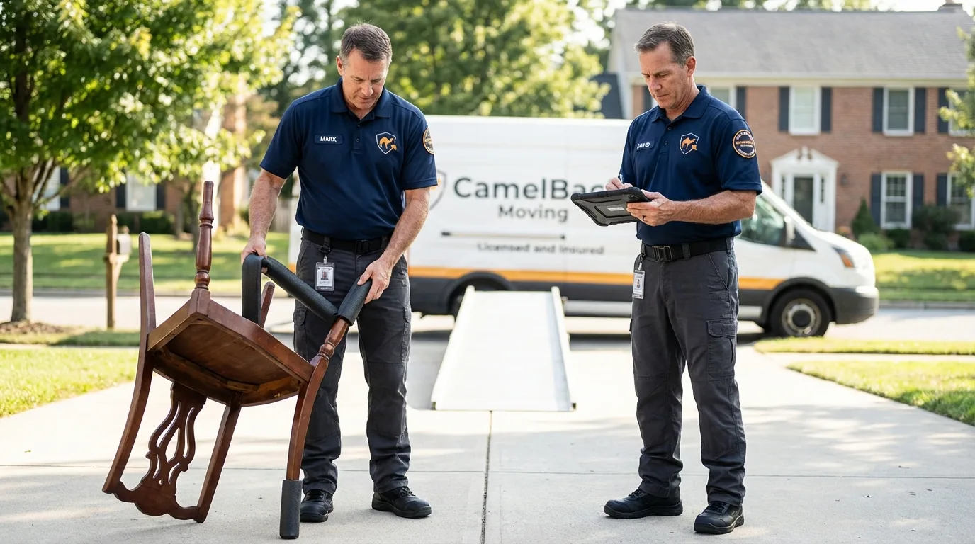 Movers inspecting furniture for damage prevention before loading in San Anselmo, CA