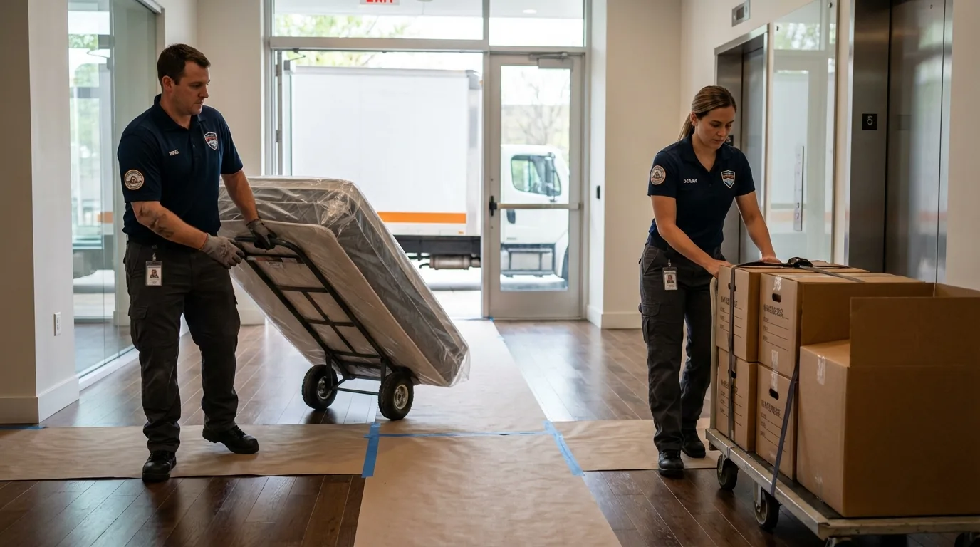 Professional apartment movers loading elevator in San Anselmo, CA