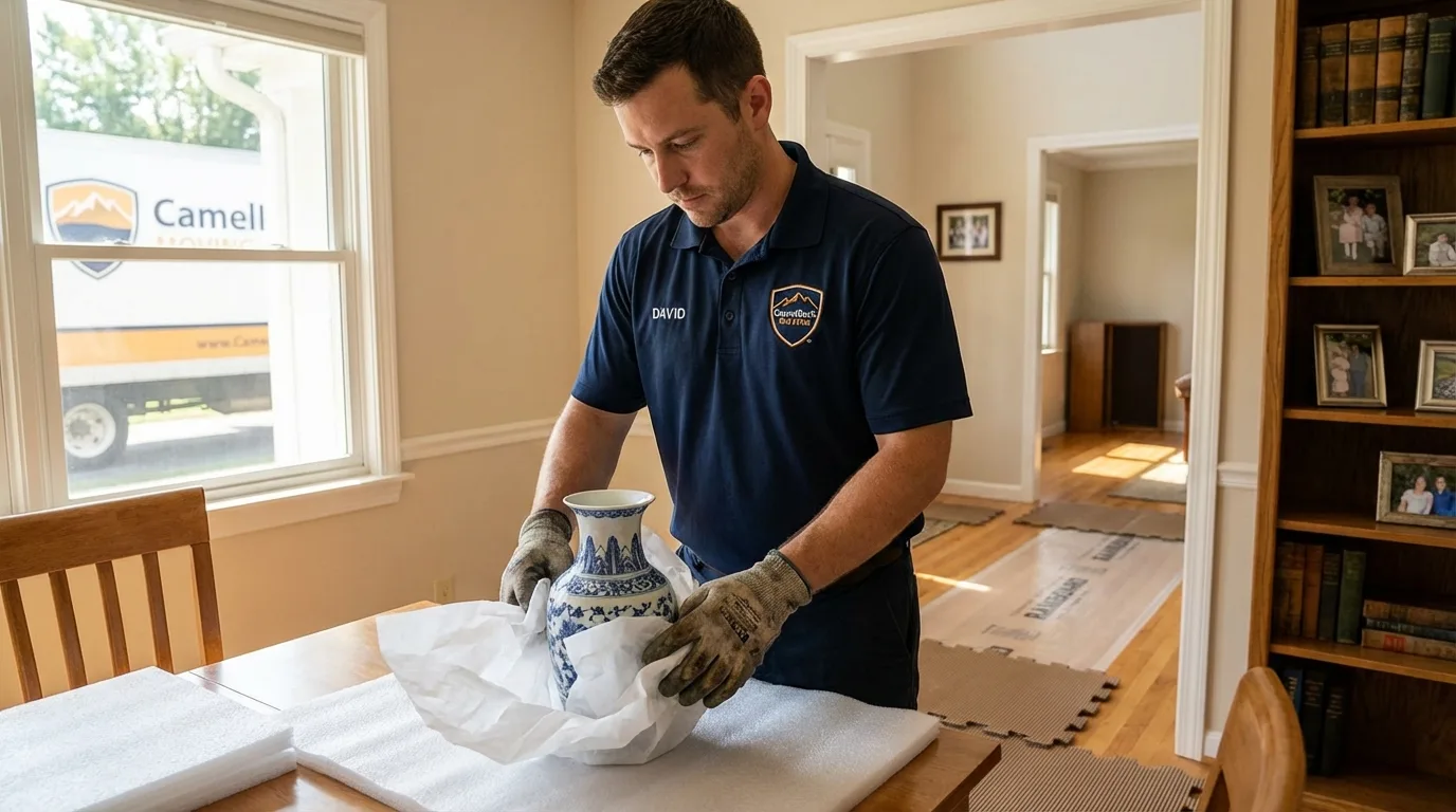 Professional crew carefully wrapping antique vase for senior downsizing move in San Anselmo, CA